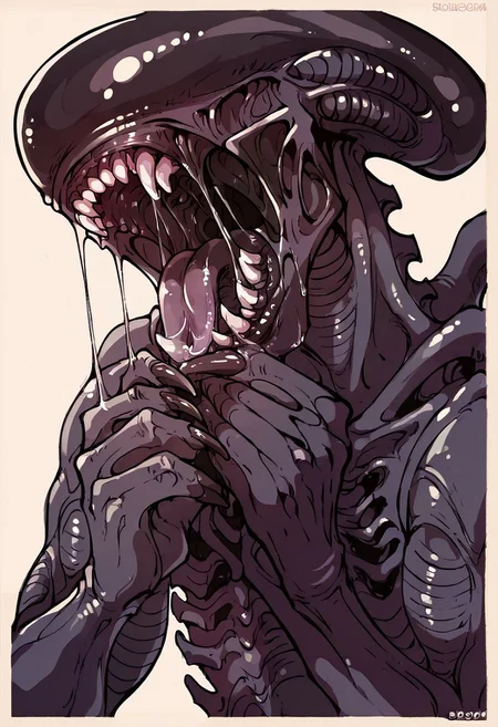 score_9, score_8_up, score_7_up, score_6_up, xenomorph l1ckp4p3r, solo, sharp teeth, drool, saliva, saliva string,