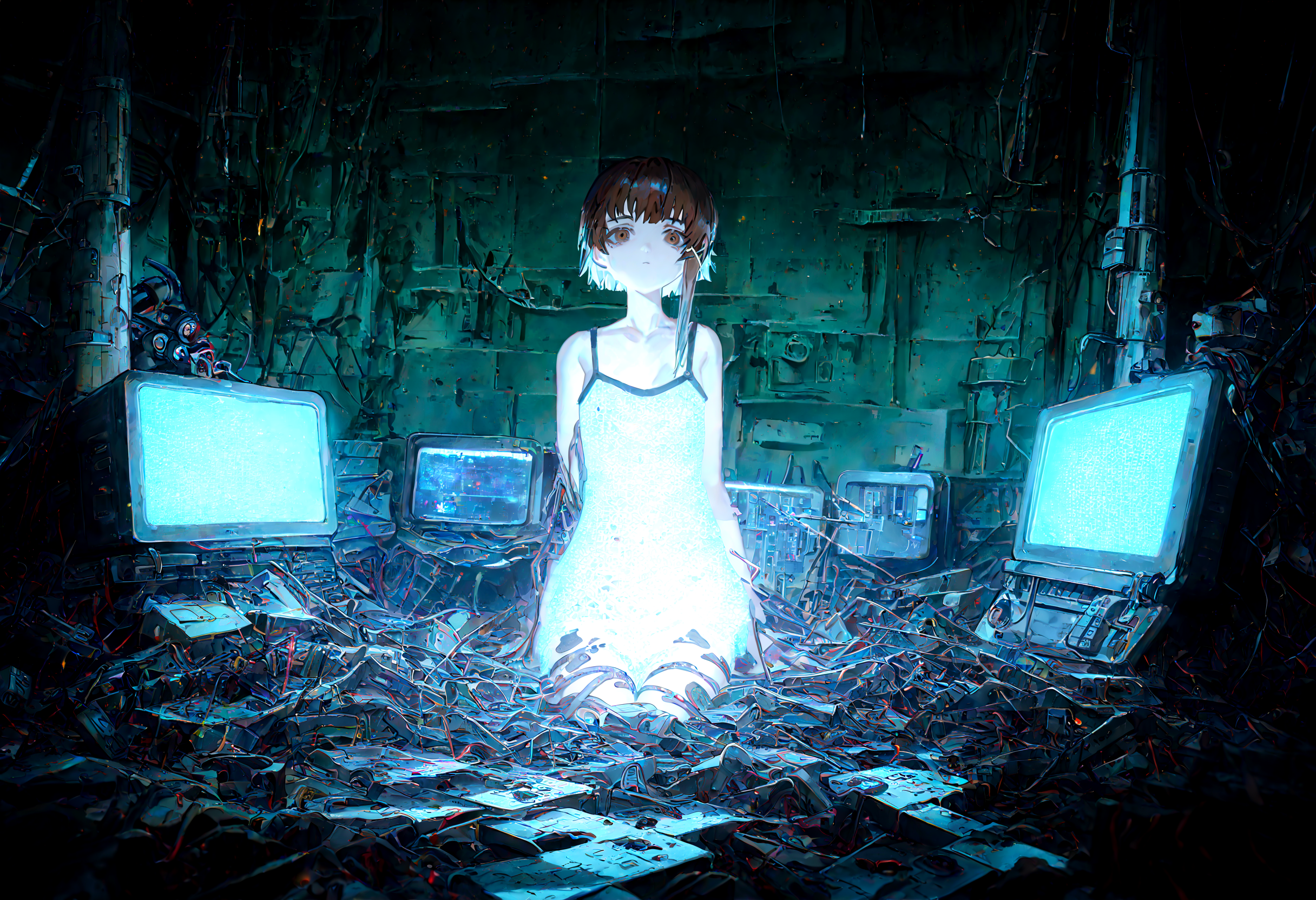 masterpiece, best quality, amazing quality, very aesthetic, absurdres,  newest,
1girl, iwakura lain,  solo,  thigh_gap , dark_background, cable, looking_at_viewer ,pile , spaghetti_strap , utility_pole,wire, monitor,entangled, digital_rain,
optical illusion,yoneyama mai,quasarcake:0.7, rolua, negative space, cinematic shot, very awa, science fiction,matrix, code, digital,computer, glitch, covered  in wire, green background, wild shot,
<lora:cfg_scale_boost:0.7>, <lora:illustrious_noobai_epsilon_pred_11_very_aesthetic_v1:0.6>, <lora:illustrious_noobai_epsilon_pred_1_masterpieces_v1:0.6>, <lora:illustrious_noobai_epsilon_pred_1_best_quality_v1:0.6>, <lora:Lain_PonyXLv3:0.7>, <lora:Code__Digital_World_Morph_v2_PONY_XL_by_UOC:0.7>, <lora:USNR STYLE_XL_loha:0.7>