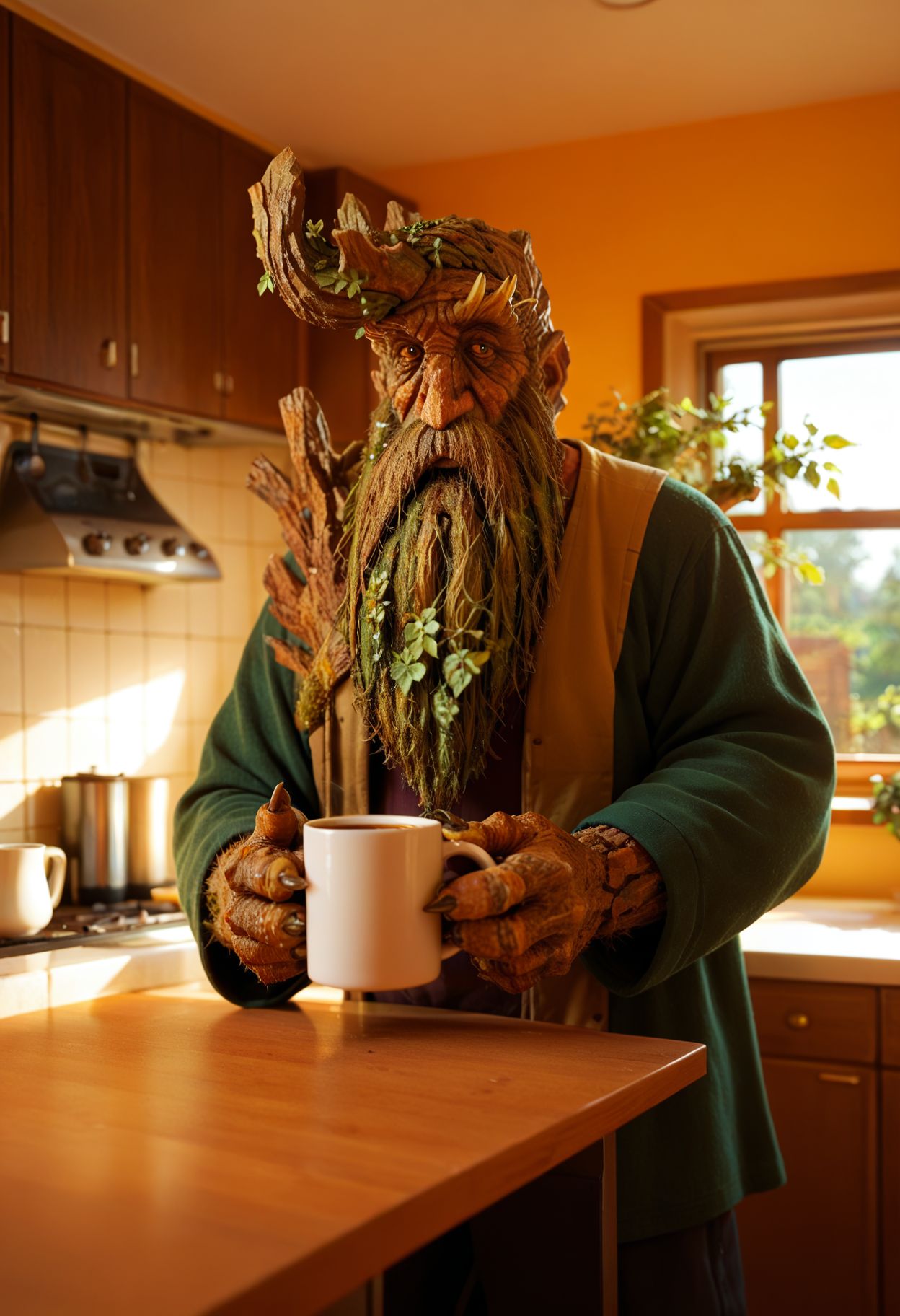 <lora:treebeard_lotr_pny-15:1.0> treebeard, ent, beard, holding mug, coffee, yellow eyes, indoors, kitchen, looking at viewer, day, sunbeam, claws,, score_9, score_8_up, score_7_up, score_6_up, score_5_up, score_4_up