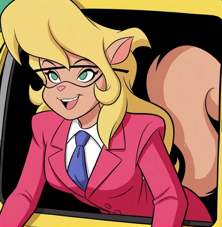 masterpiece, best quality, absurd res, 4k, highest quality, <lora:callie_briggs_illustrious:1>, solo, smile, open mouth, shirt, long sleeves, jacket, white shirt, male focus, necktie, teeth, collared shirt, coat, formal, suit, ground vehicle, motor vehicle, furry, blue necktie, pink coat, callie briggs, blonde hair, furry female, animal ears, animal nose, cat girl, tail, body fur, green eyes, glasses, long hair