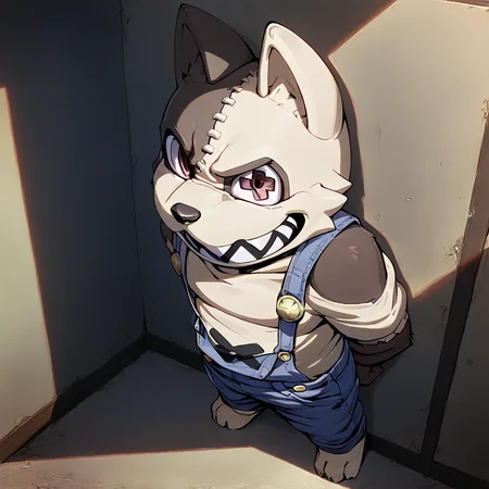 Male focus, male only, 1boy, masculine, furry, Shuichi, dog, big smile, stitches, sharp teeth, odd pupil, furry male, high angle, solo, overalls, standing, arms behind back, looking at viewer, inside, against wall