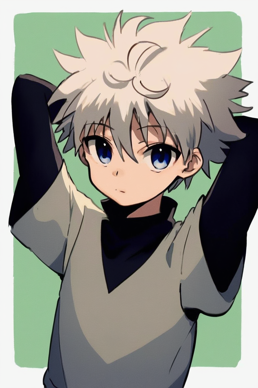 killua_zoldyck, 1boy, solo, short hair, bangs, blue eyes, simple background, shirt, long sleeves, hair between eyes, closed mouth, upper body, white hair, short sleeves, male focus, shorts, arms up, black shirt, turtleneck, border, spiked hair, arms behind head, yellow background, white border, green background, male child, layered sleeves, short over long sleeves, score_9, rating_safe <lora:xl_char_killua_zoldyck:1>