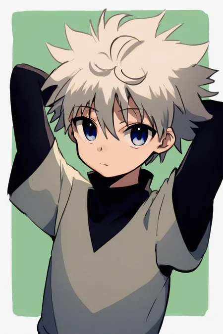 killua_zoldyck, 1boy, solo, short hair, bangs, blue eyes, simple background, shirt, long sleeves, hair between eyes, closed mouth, upper body, white hair, short sleeves, male focus, shorts, arms up, black shirt, turtleneck, border, spiked hair, arms behind head, yellow background, white border, green background, male child, layered sleeves, short over long sleeves, score_9, rating_safe <lora:xl_char_killua_zoldyck:1>
