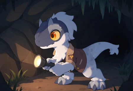 highres, absurdres, newest, masterpiece, best quality, furry, small tail, claws,
verne, male, yutyrannus, white skin, orange eyes, 3 fingers, 3 toes, feathered, fluffy, brown jacket, black t-shirt, detailed eyes, professional lighting, anthro, solo, masterpiece, scared look, night, fаlashlight in hand,
shines a flashlight, scary cave