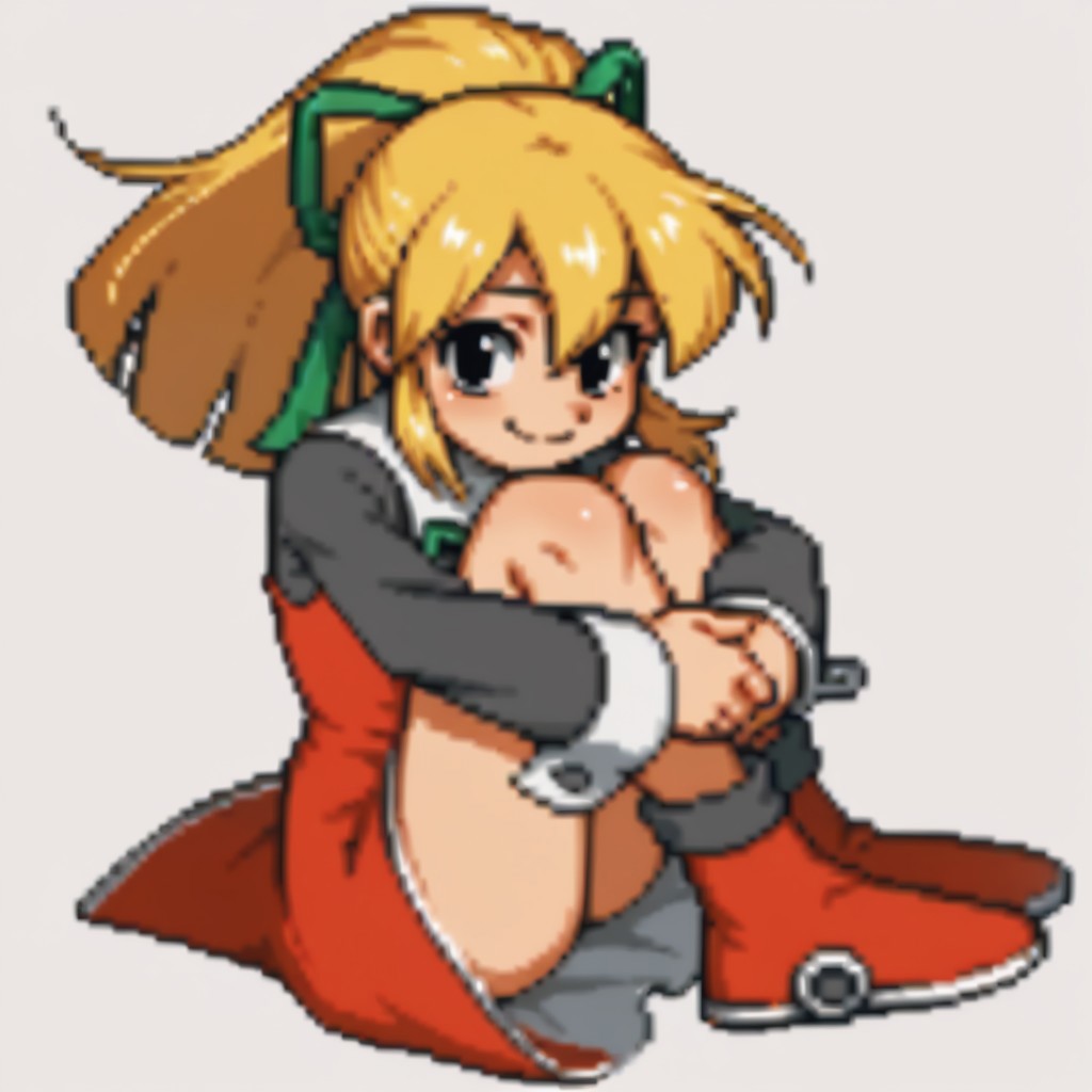 score_9, score_8_up, score_7_up BREAK RollMvC, 1girl, blonde hair, ponytail, black eyes, green ribbon, white collar with black buttons, red dress, long gray sleeves, white cuffs, red white boots, hugging legs, smiling at viewer,