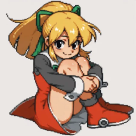 score_9, score_8_up, score_7_up BREAK RollMvC, 1girl, blonde hair, ponytail, black eyes, green ribbon, white collar with black buttons, red dress, long gray sleeves, white cuffs, red white boots, hugging legs, smiling at viewer,