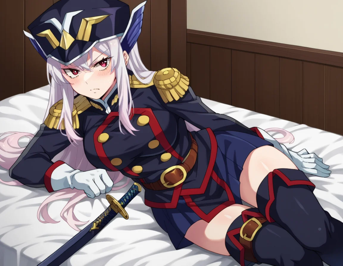 score_9, score_8_up, score_7_up, source_anime,
kyoukauzen, <lora:kyouka-uzen-s1-ponyxl-lora-nochekaiser:1>
kyouka uzen, long hair, red eyes, very long hair, white hair,
thighhighs, gloves, hat, boots, belt, sword, uniform, zettai ryouiki, military, military uniform, thigh boots, shako cap,
indoors, bed, bed room, on side, blush, drunk,
looking at viewer, cowboy shot, dutch angle, solo,