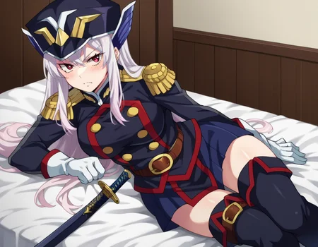 score_9, score_8_up, score_7_up, source_anime,
kyoukauzen, <lora:kyouka-uzen-s1-ponyxl-lora-nochekaiser:1>
kyouka uzen, long hair, red eyes, very long hair, white hair,
thighhighs, gloves, hat, boots, belt, sword, uniform, zettai ryouiki, military, military uniform, thigh boots, shako cap,
indoors, bed, bed room, on side, blush, drunk,
looking at viewer, cowboy shot, dutch angle, solo,