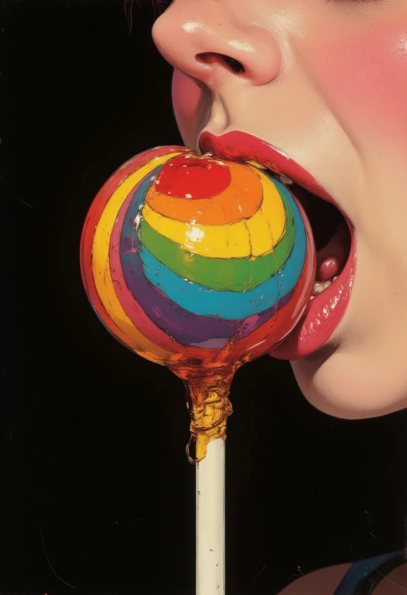 (A digitally altered photograph, close-up portrait) A sensual close-up captures a woman's ultra-glossy, deep red lips as she licks a large, spherical lollipop with a luminous rainbow pattern. Her lips are slightly parted, revealing the moist interior of her mouth, the gloss reflecting light with an almost liquid sheen. The vibrant colors of the lollipop swirl in electric hues, its glossy surface catching every highlight. Her fair, smooth skin contrasts with the bold saturation of the candy, emphasizing the striking interplay of textures. The white stick extends downward, disappearing into the dark, solid background, which isolates the vivid moment. A subtle retro grain overlays the scene, lending it a nostalgic yet surreal quality. The composition is highly stylized, focusing on the rich textures and radiant colors to create an irresistible visual allure.