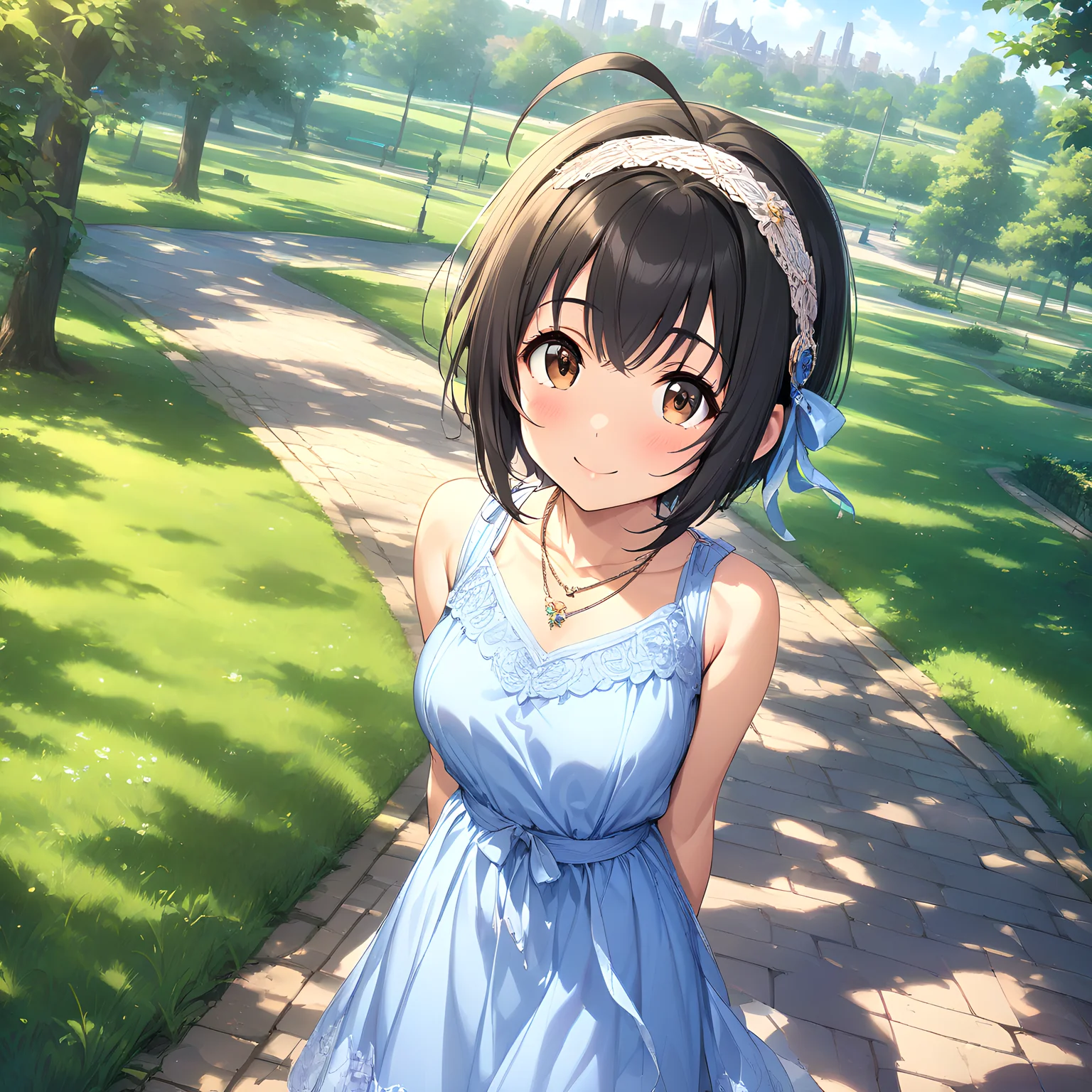 (masterpiece),(best quality),(ultra-detailed),(best illustration),(best shadow),(absurdres),(detailed background),(very aesthetic), miho kohinata, 1girl, solo, ahoge, black hair, short hair, smile, brown eyes, jewelry, hairband, dress, necklace, park background, looking at viewer, arms behind back, blue dress<lora:Miho_Kohinata:1>