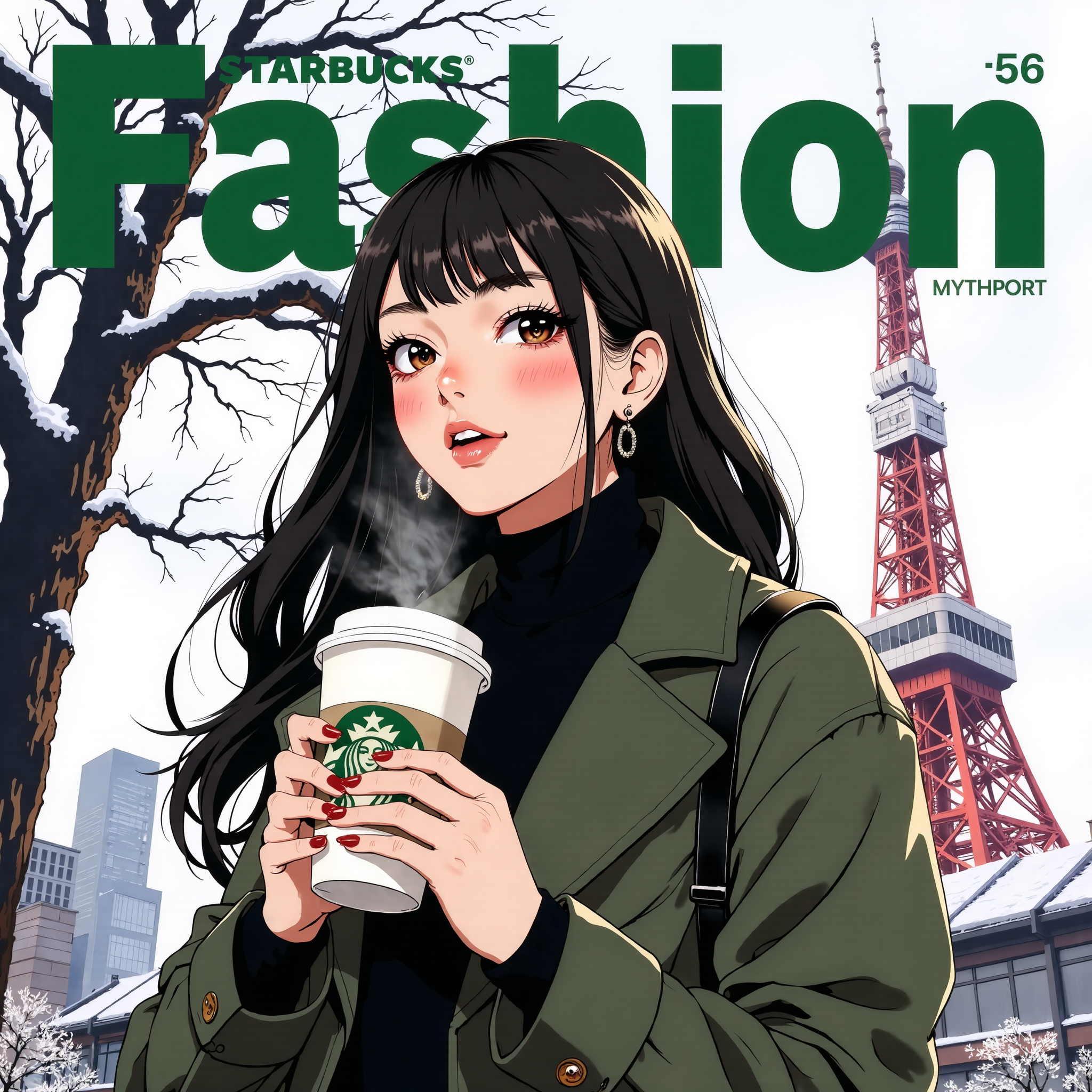 anime_martz, magazine_style, mythp0rt, magazine_cover, fashion cover for starbucks,  A stylish urban woman, dressed impeccably in winter fashion, stands under the iconic Tokyo Tower on a crisp winter day. She cradles a steaming cup of Starbucks coffee, the Starbucks logo prominently displayed on the cupâs sleeve. Her expression radiates happiness and warmth, her smile soft and carefree as she enjoys the moment. The backdrop of Tokyo Tower, dusted with winterâs chill, adds a touch of urban sophistication to the scene. The overall vibe is cozy yet fashionable, with the cold season juxtaposed against the warmth of her drink and the chic city setting. The Starbucks logo and brand name take center stage as the magazineâs title, integrating seamlessly with the fashionable design of the cover, emphasizing the connection between style, urban living, and the comforting indulgence of a hot coffee<lora:anime_martz:0.9> <lora:magazine_cover2_flux:0.6> <lora:FluxMythP0rtr4itStyle:0.4> <lora:Halftone_Flux:0.3>