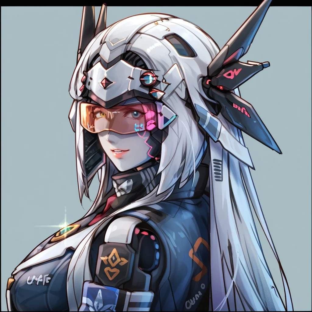 uaf-character, |||, breasts, humanoid robot, mecha musume, medium breasts, silver hair ornament, uaf_neuko, upper body, glowing, android, visor, smile, black border, uaf-portrait, robot girl, robot, uaf_redblue_backlight, parted lips, solo, uaf_red_blue_ilumination, helmet, simple background, 1girl, 80swa, Expressiveh, score_9,score_8_up,score_7_up, 20 years old, 8k, hd, beautiful korean girl, , ultra realistic, hyper realistic, detailed face, natural huge breasts, beautiful woman's face, <LoRA: uafPortraits-000110>, <LoRA: uaf Wt: 1>, pureerosface_v1, (PureErosFace_V1:0.8)