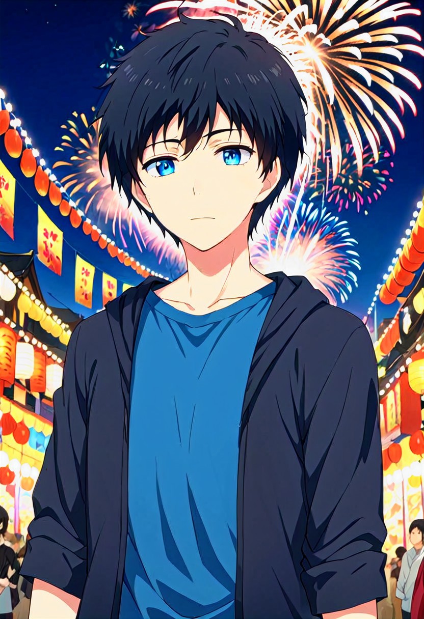 high resolution, solo, best quality, 1Boy, Arata Kaziaki, Black Hair, Blue Eyes, Festival, Night Festival, Firework, Dating,