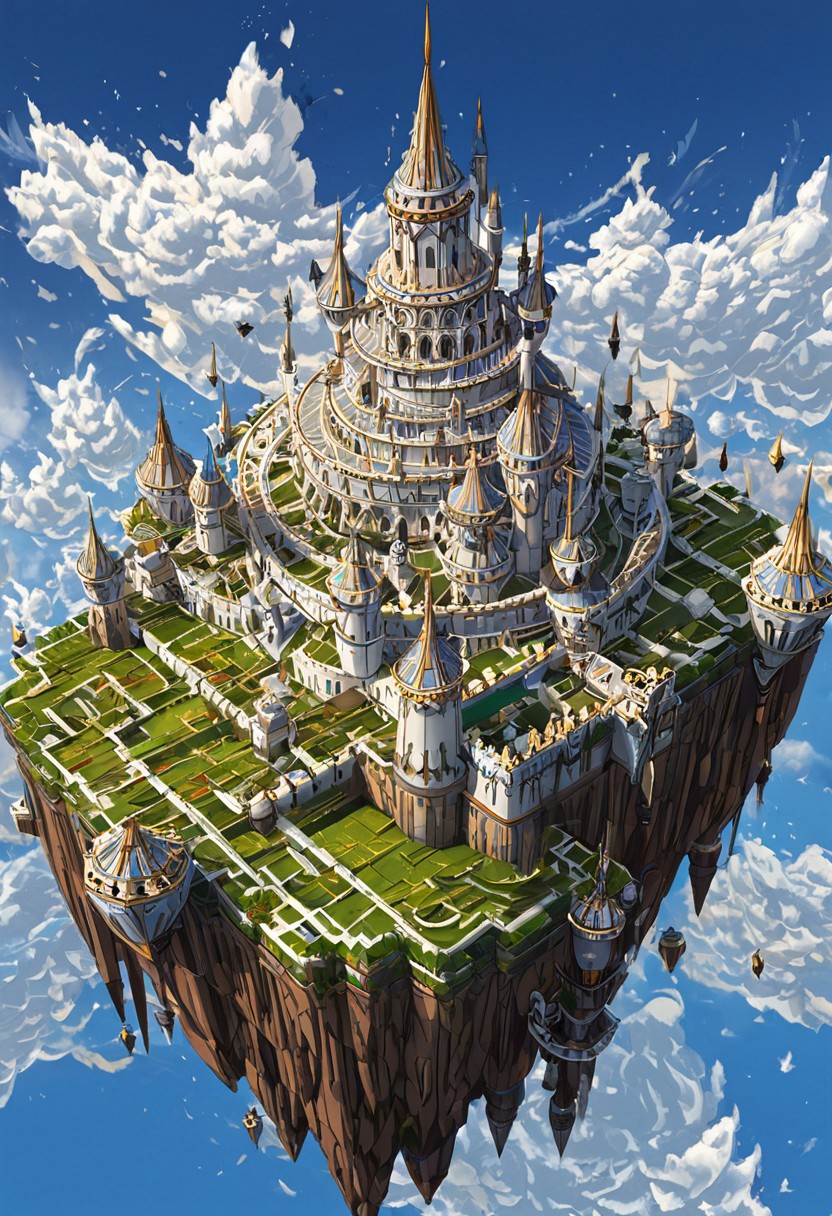castle,
A traveler looking at a gigantic castle made of dozens of towers, medical, white, grass,matchcraft floating island , floating island, towers , sky , fly , cloud