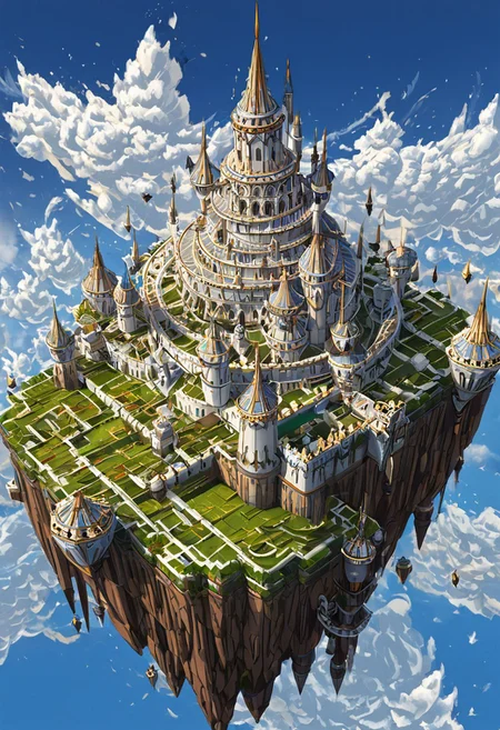castle,
A traveler looking at a gigantic castle made of dozens of towers, medical, white, grass,matchcraft floating island , floating island, towers , sky , fly , cloud