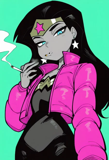 karasuchan,
best quality, amazing quality, very aesthetic, absurdres,
1girl, solo, wonderwoman, long hair, black hair, blue eyes, dark skin, tiara, earrings, flat chest,
pink puffer jacket with high collar, extra_puffy_jacket, greyscale with colored background, green background, hatching \(texture\), monochrome, spot color, view from below, looking down, looking at viewer, smoking, cigarette, smoke <lora:KarasuChanIllustriousXL_byKonan:1>
