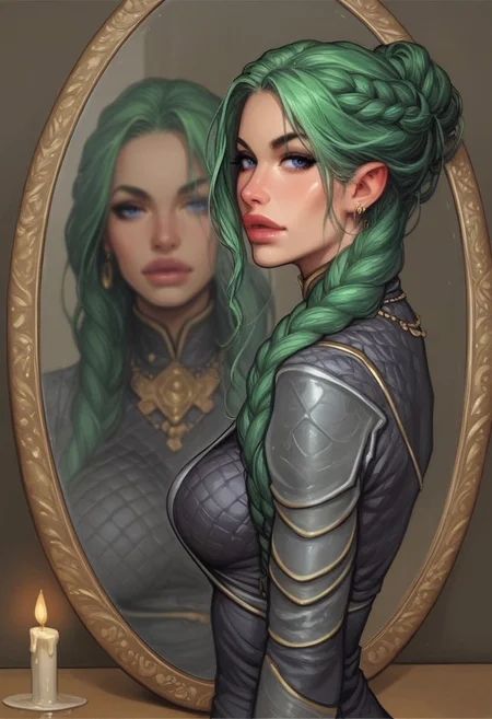 1girl, (((side view))), from front, solo, illustration, comic style, highly detailed, skinny, model body, looking at viewer, masterpiece, best quality, bloodwrackmedusa, lamia, green hair, monster girl, snake hair, makeup, <lora:Bloodwrack_Medusa:1.3> 
BREAK
((((indoor, evening, candles, table, mirror, looking into mirror, reflection)))), <lora:l1ppyXLP_r1:0.5> 
best quality, depth of field, bokeh, (((full clothed))), dynamic pose
BREAK 
(((old manor inside:1.2)))) score_9, score_8_up, score_7_up, score_6_up, source_cartoon, rating_explicit, Expressiveh, ((((upper body))))), dynamic pose, dynamic pose