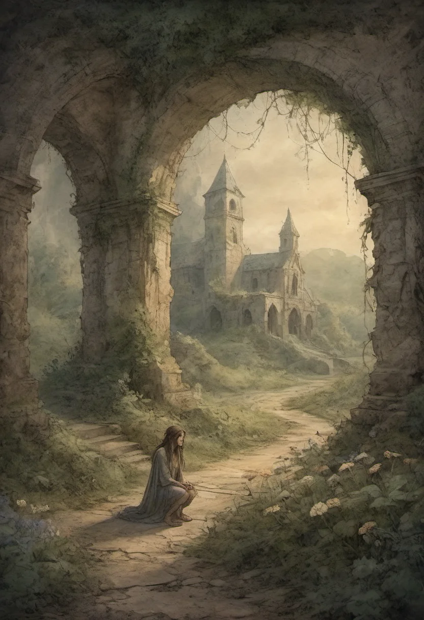 on parchment dusk luminous faerie realm landscape with a crouching figure in tattered faded clothes on the side of a broken overgrown path under a crumbled ruin archway with ivy and wildflowers ancient stone structures moody aesthetic magical
