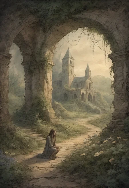 on parchment dusk luminous faerie realm landscape with a crouching figure in tattered faded clothes on the side of a broken overgrown path under a crumbled ruin archway with ivy and wildflowers ancient stone structures moody aesthetic magical