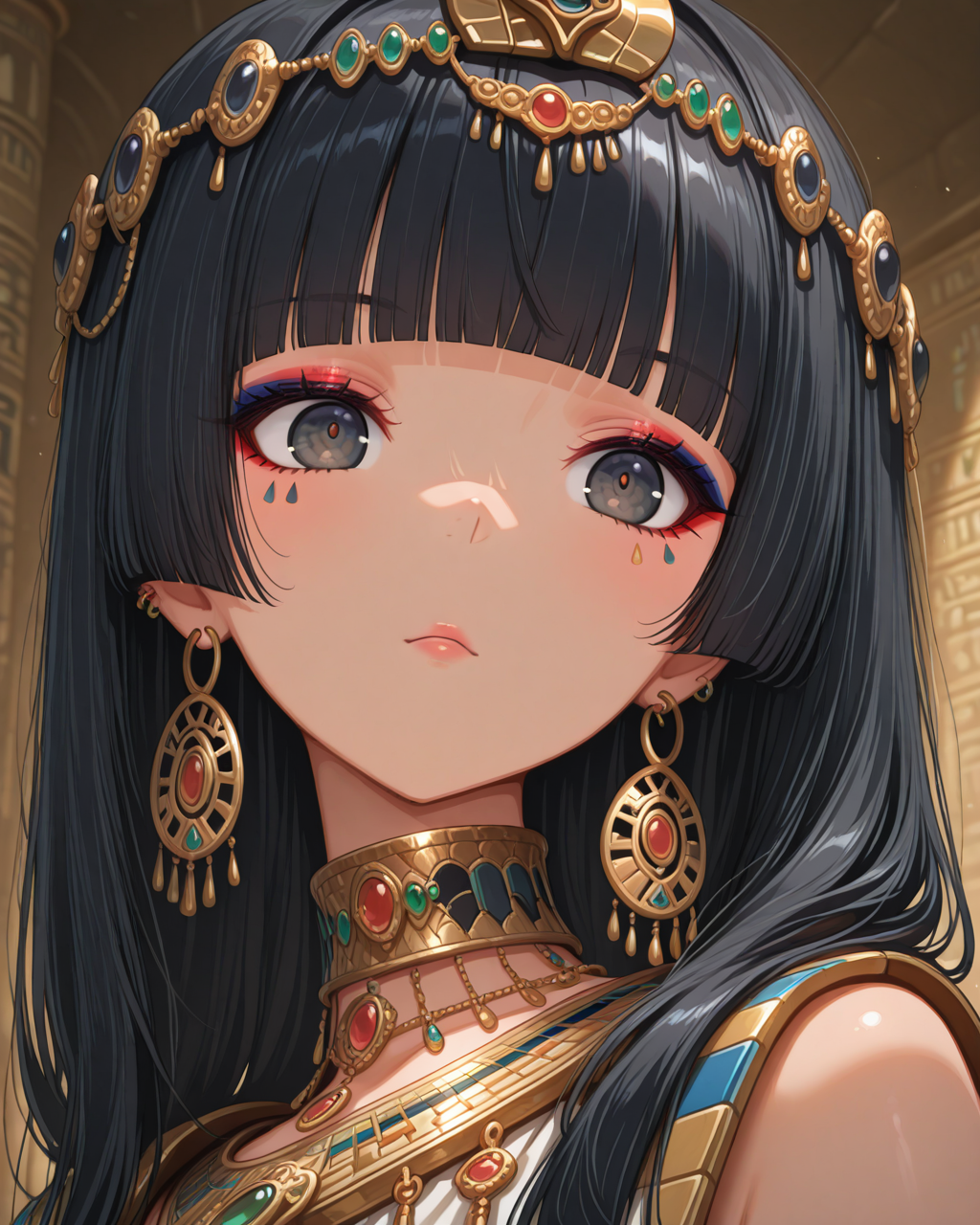 masterpiece,best quality,highres illustration,detailed face,1girl,<lora:overacc_IL:1.5>,accessories,ancient egyptian clothes, blunt bangs, black hair,