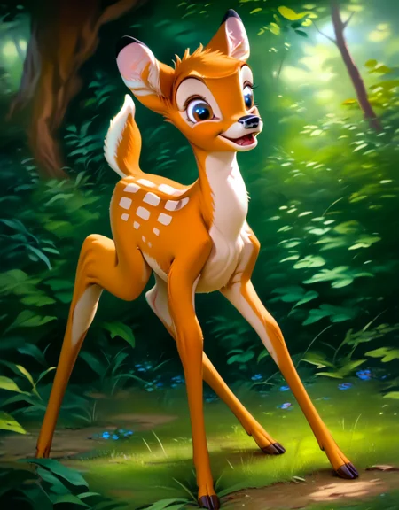 score_9, score_8_up, score_7_up, score_6_up,
bambi, young, adult, no horns, deer, solo, ((Four legs,)) hyperdetailed, detailed fur, happy, forest,
<lora:add-detail-xl:0.8><lora:Bambi:1> <lora:Furry Enhancer 6.1:2>