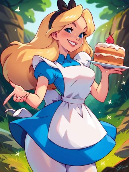 core_9, score_8_up, score_7_up, score_6_up, AliceWaifu in a magic murshroom world, magic particles, leaning forward, cute pose, medium breasts, narrow waist, wide hips, thick thighs, cinematic, naughty face, smile, blue eyes, blue dress, white pantyhose, apron, black hairband, blonde, disney style, looking at viewer, realistic, cute, holding a cake,
detailed landscape, cowboy shot,
<lora:AliceInWonderlandXLPony_character-10V2:0.7> <lora:KajinmanLycoXL:0.75>
