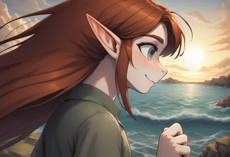 Lapanya, 1 person, solo, snapshot, pointy ears, ((snout nose)), flat chest, light skin, freckles, tall, ((gray eyes, gray irises)):1.2, ((smiling, friendly expression)), auburn hair, long hair, several strands of hair sticking straight up, back-length hair, average build, small nostrils, ((3 fingers 1 thumb)), baggy long-sleeve green tunic, ((blue breeches))
Falling from the sky, hair blowing in wind, falling down, falling headfirst, nosedive, midair, falling towards the ocean, wide eyes, wild expression
Clouds above, ocean below
clean lines, up close, upper body focus, highly detailed face, high quality, best quality,  score: 9, score: 8 up, rating: safe