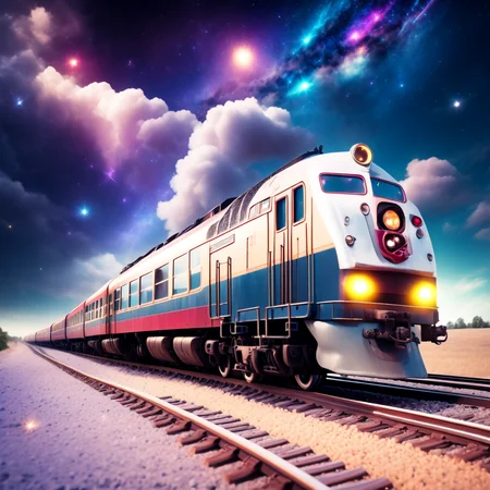 (CosmicTrain style:1) train traveling down train tracks <lora:djzCosmicTrainV21:0.8>