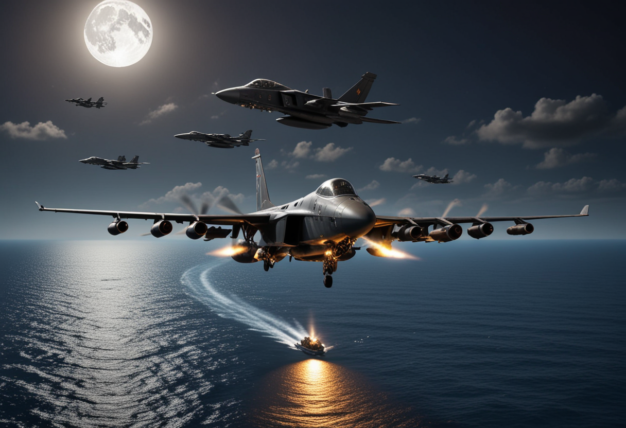 (medium full shot) of (reliable light tactical-brown military plane) with carbon-fiber body, turbojet engines, stealth design, advanced sensor arrays, flying over  flying in formation with other military planes over the ocean, the military plane participating in a joint exercise, under enemy fire, under the moonlight, Masterpiece,best quality, photo, realistic, very aesthetic,