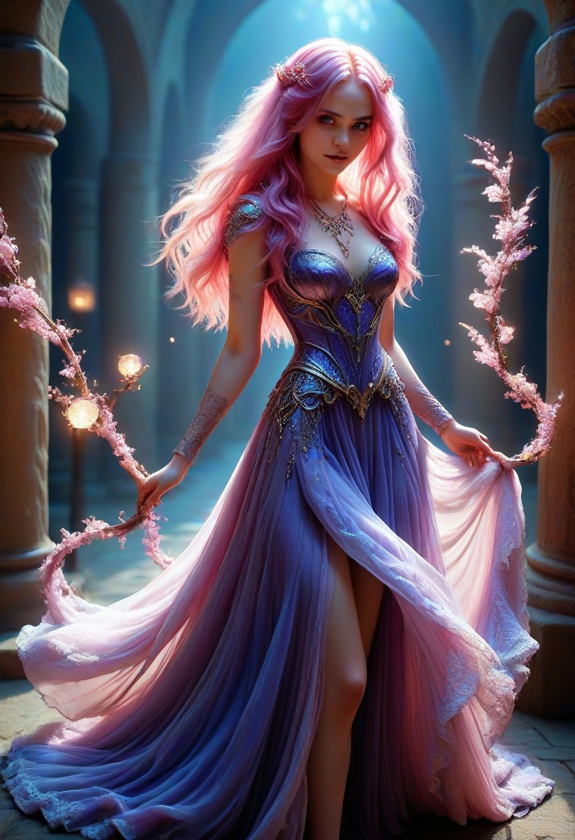 An epic photo of a magical CivChan, pink hair, purple eyes, wearing a long fantasy dress, DonM3lv3sXL, masterpiece, best quality, highly detailed, sharp focus, dynamic lighting, flux-style