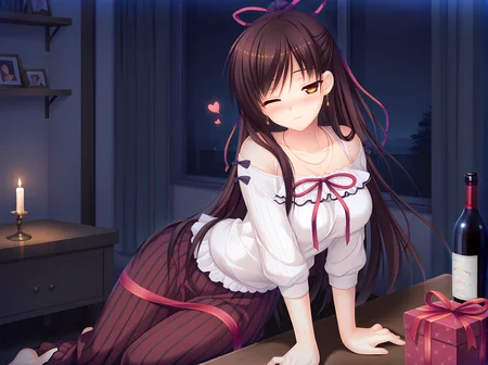 solo,itsuki miyu,dim lighting,candlelight,dark room,kneeling,sweater,long skirt,casual,wrapped up,ribbon,gift wrapping,seductive smile,looking up,girl wrapped up in ribbon,ribbon choker,ribbon dress,kinmedai pink,<lora:Itsuki_Miyu:1>,giant present box,ribbon bow,girl in gift box,bedroom,window,curtains,shelf,night,caustics,one eye closed,heart,earrings,necklace,blush,girl in gift wrapping,holding bottle,wine,wine bottle,leaning on object,table,against table,arm support,, masterpiece, best quality, amazing quality, very aesthetic, absurd, newest, detailed eyes