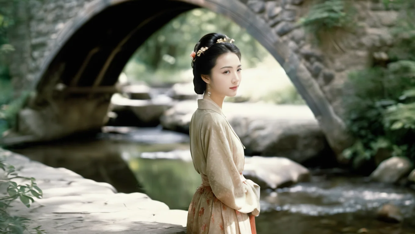 analog film photo A beautiful girl,a stone bridge,a creek,light smile,watching with deep affection, beautiful face,beautiful eyes, szhf dress,slim,full body <lora:szhf:0.8> . faded film, desaturated, 35mm photo, grainy, vignette, vintage, Kodachrome, Lomography, stained, highly detailed, found footage