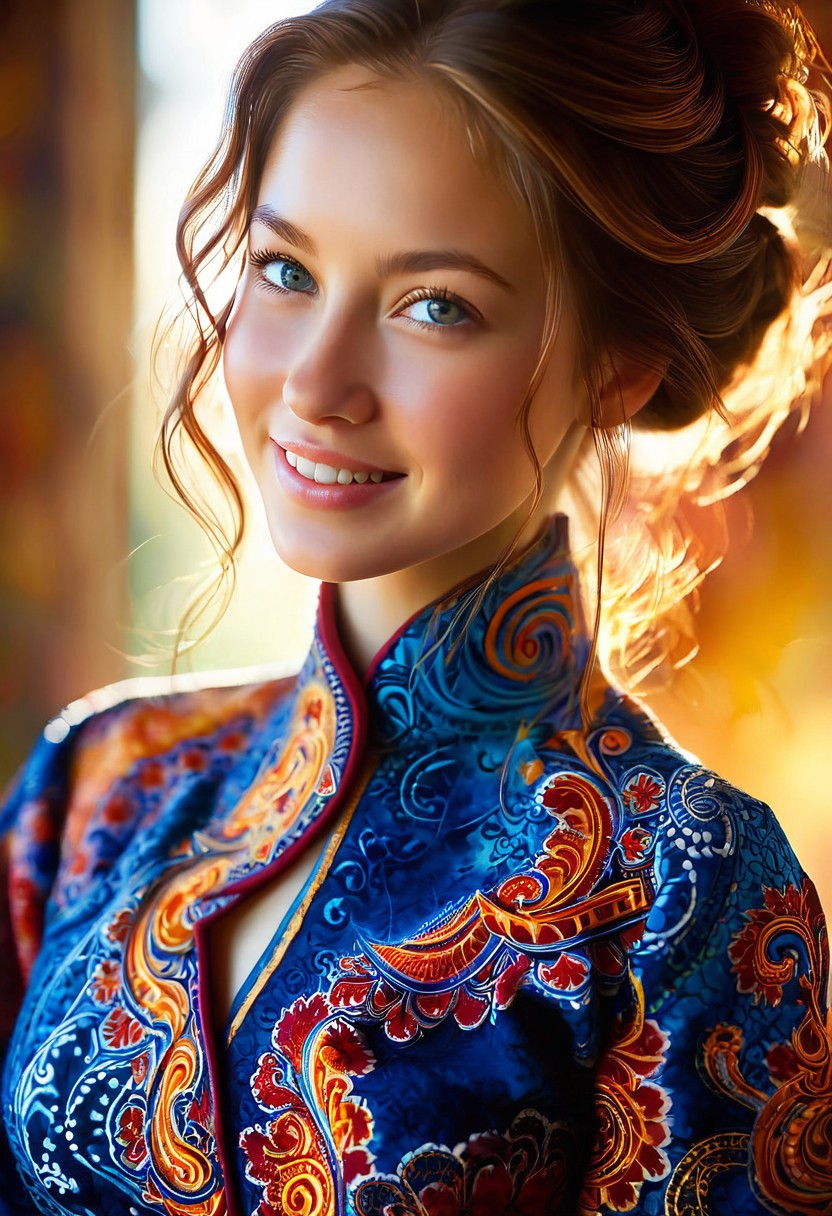 A hyper-realistic portrait of a young woman, focusing on her upper body, adorned in a vibrant batik-inspired outfit with intricate, swirling patterns of indigo, crimson, and gold, softly illuminated by warm, natural light, with a shallow depth of field, blurring the background to emphasize her gentle, enigmatic smile, in the style of digital painting with delicate, textured brushstrokes.