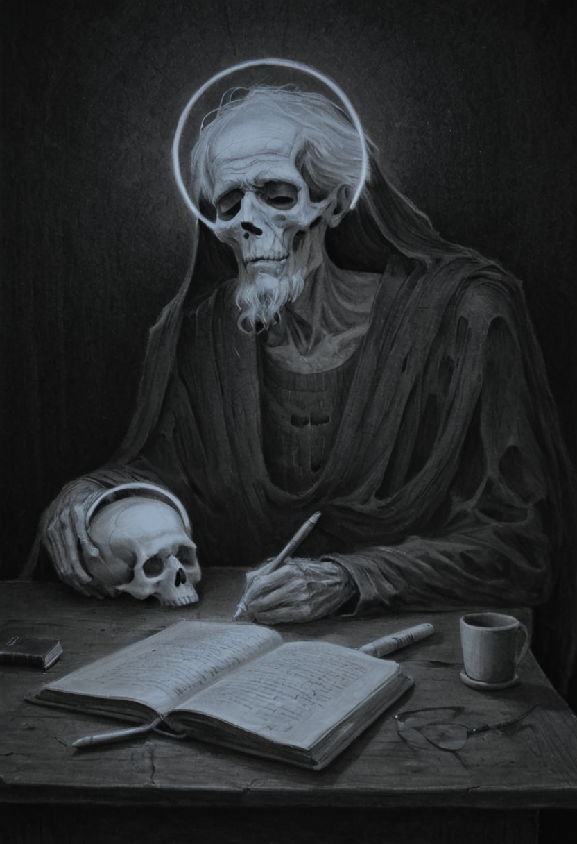 monoxxdr4ws, A dark, A monochromatic drawing of an elderly man with a halo, writing in a book at a table. A skull rests on another book beside him. Gloomy, surreal atmosphere, detailed line work, dramatic shadows, unsettling