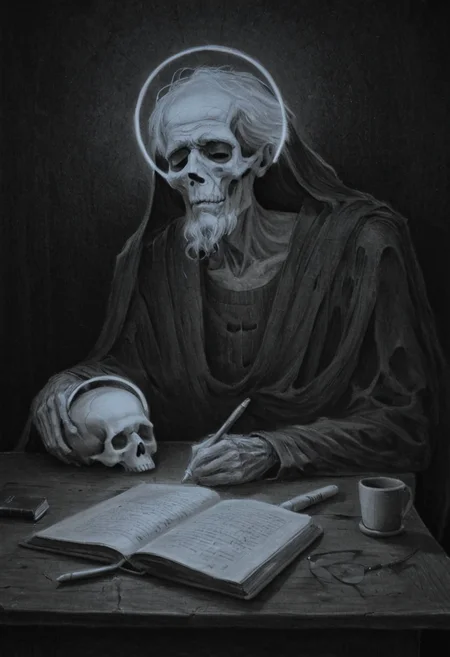 monoxxdr4ws, A dark, A monochromatic drawing of an elderly man with a halo, writing in a book at a table. A skull rests on another book beside him. Gloomy, surreal atmosphere, detailed line work, dramatic shadows, unsettling