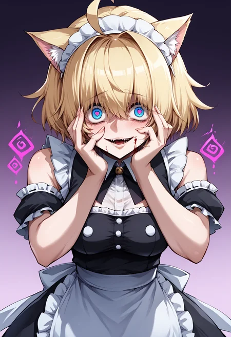 score_9, score_7_up, source_anime, uncensored, zPDXLxxx, <lora:intricate_details:0.5> intricate_details_xl, gradient background, spiral, mysterious heaven condition, cropped shoulders, hand focus <lora:EbiblueXL:1> ebiblue
1girl, solo, li, large breasts, blonde hair, ponytail, hair over eyes, ahoge, short hair, crazy eyes, blue eyes, looking at viewer, maid, cat ears, blood on clothes
<lora:Yandere_Expression_v1.0:0.75> Yandere trance, hands on own face, hands on own cheeks, fingernails, heart-shaped pupils