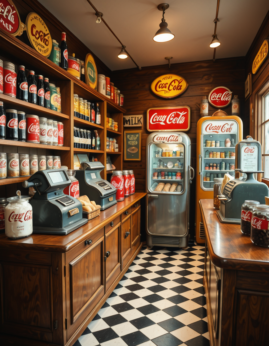A vintage 1950s grocery store filled with nostalgic details. Wooden shelves neatly stocked with classic canned goods, glass soda bottles, and colorful retro packaging. An old-fashioned cash register sits on the wooden counter, next to a small scale for weighing produce. The checkered black-and-white tile floor adds to the mid-century charm, while hand-painted signs on the walls advertise milk, bread, and coffee in bold, retro fonts. A display of penny candy in glass jars sits near the entrance, and a vintage Coca-Cola refrigerator hums in the background. Soft, warm lighting casts a nostalgic glow over the scene, enhancing the rich textures of wood, glass, and metal, capturing the essence of a bygone era.
<lora:SDXLFaeTastic2400:0.4> <lora:extremely_detailed:0.4> extremely detailed
,1950s grocery st0r3, <lora:1950s_grocery_st0r3-i:1>, Masterpiece,best quality,hi res,8k,hi res,8k,award winning,(sharp focus, intricate, highly detailed),