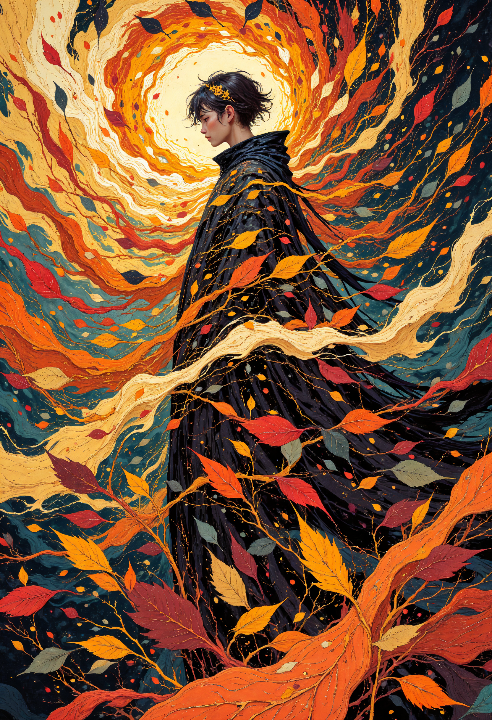 (in Otomo Katsuhiro style:1.2), masterpiece, high-quality, A figure with a cloak made of autumn leaves, as the wind sweeps past the cloak transforms into a swirling storm of leaves, their colors blending with the twilight sky, Style is Impressionistic realism with dynamic leaf textures, high detail in movement, warm, surreal ambience, (elaborate fine details:1.1), (hyperdetailed:1.1), (intricate details:1.0), (Refined details:1.1), (best quality:1.1), (high resolution:1.2),