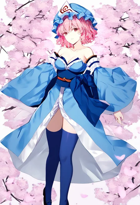 score_9, score_8_up, score_7_up, score_6_up, score_5_up, score_4_up, source_anime, 1girl, 
tamamonomaecosplay, tamamo no mae \(cosplay\), bare shoulders, blue kimono, blue thighhighs, detached sleeves, japanese clothes, kimono, obi, sash, collarbone, thighhighs, wide sleeves, 
yuyuko, saigyouji_yuyuko, mob_cap, triangular_headpiece, blue_hat, 
masterpiece, best quality, very aesthetic, absurdres,