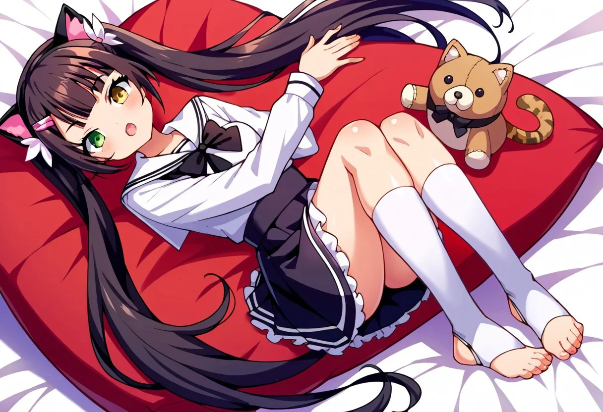score_7, score_8_up, score_7_up, source_anime, 1girl, solo, looking at viewer, pinup pose, pin-up,
Azuma Komari, (petite:1.2),
very long hair, black hair, twintails, sidelocks, blunt bangs, small breasts, yellow eyes, green eyes, heterochromia,
hair flower, white flower, wing hair ornament, hairclip, hair ribbon,
school uniform, white sailor collar, black bowtie, white shirt, long sleeves, miniskirt, black skirt, suspender skirt, frilled skirt, white socks, frilled socks, no footwear, stirrup legwear, toeless legwear,
fake animal ears, cat ears, cute, plush toy,