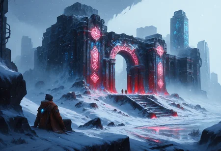 score_9, score_8_up,score_7_up,score_6_up, snow, 1boy, sitting,   wide shot, neon lights, cityscape, post-apocalypse,  ruins,  futuristic, light particles, dirt,  archway,  <lora:Sul31m4n0vXLP:1> sul31m4n0v, <lora:Flash_Glowing_Runes_PonyXL:1> Glowing Runes,
