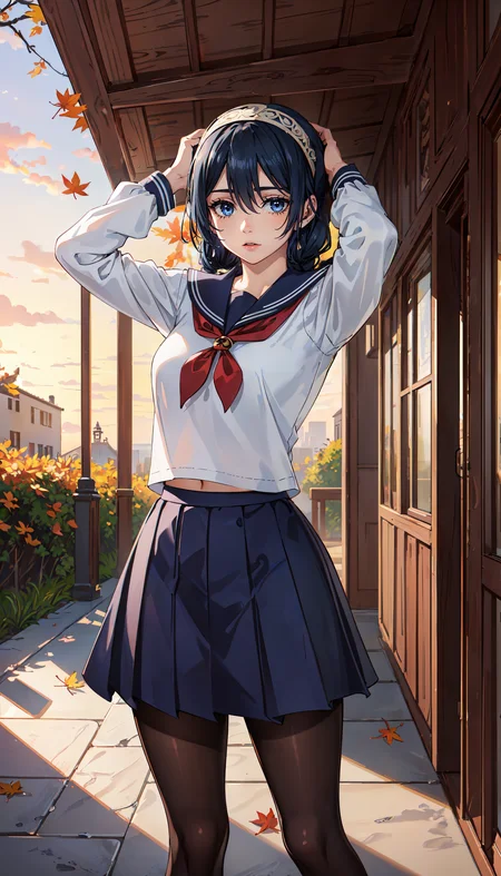 photorealistic, (4k), depth of field, (Masterpiece), (realistic skin texture), extremely detailed, intricate, hyper detailed, professional photography, bokeh, high resolution, sharp detail, best quality, girl, blue hair, single braid, blue eyes, school uniform, serafuku, white hairband, blue pleaded skirt, pantyhose, <lora:GoodHands-beta2:0.4>, <lora:detail_slider_v4:0.8> , dynamic pose, (playing with her hair), <lora:Riko Amanai-000004:0.6> , autumn leaves, forest, sunset, pathway,
