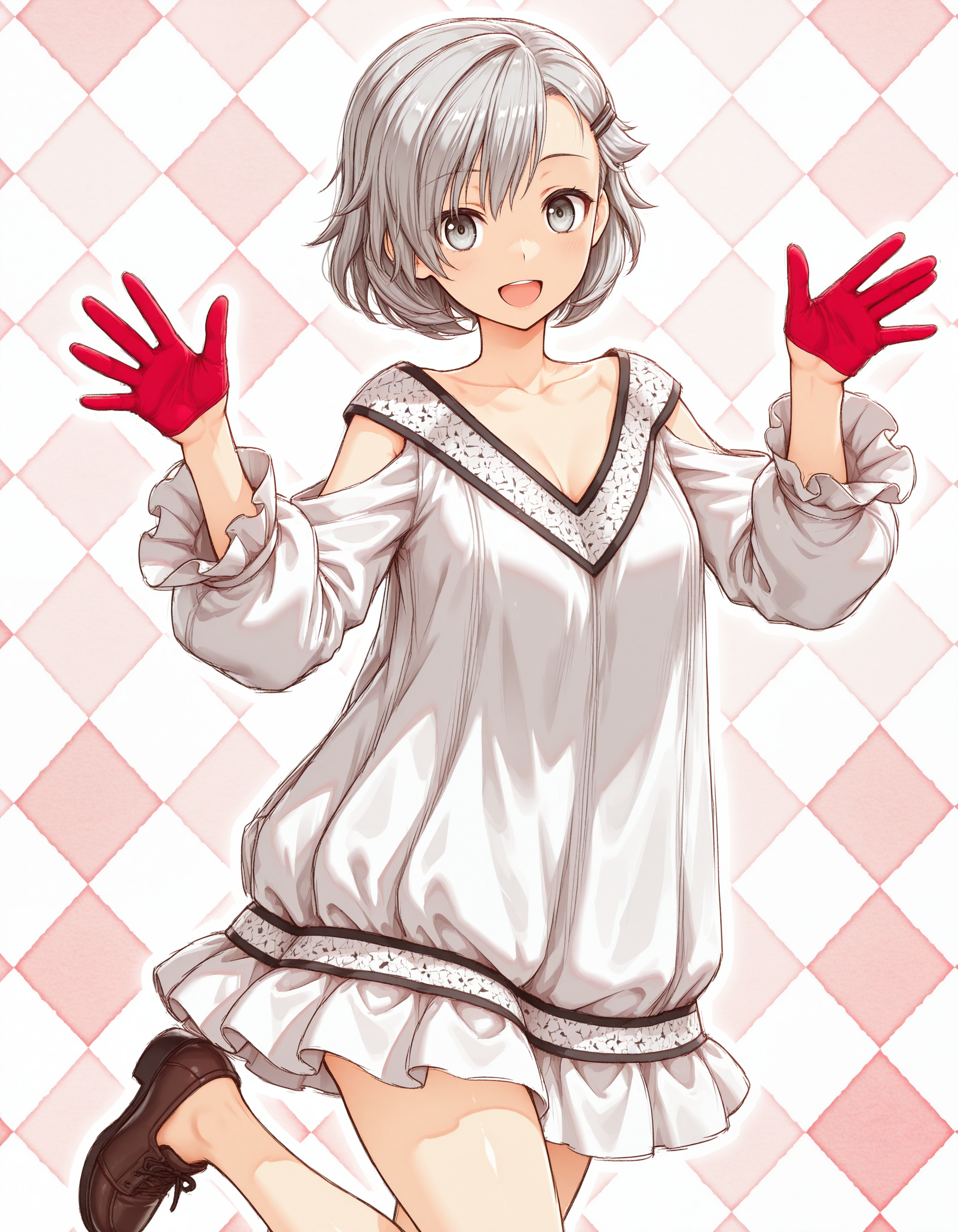 1girl, <lora:orikishi_mitsu:1> ,orikishi_mitsu,mitsu_dress,red gloves, brown shoes,
dancing,cowboy shot, looking at viewer, standing on one leg, waving one hand,
multicolored background, happy,colorful argyle background, open mouth,
<lora:dmd2_sdxl_4step_lora_fp16:1>