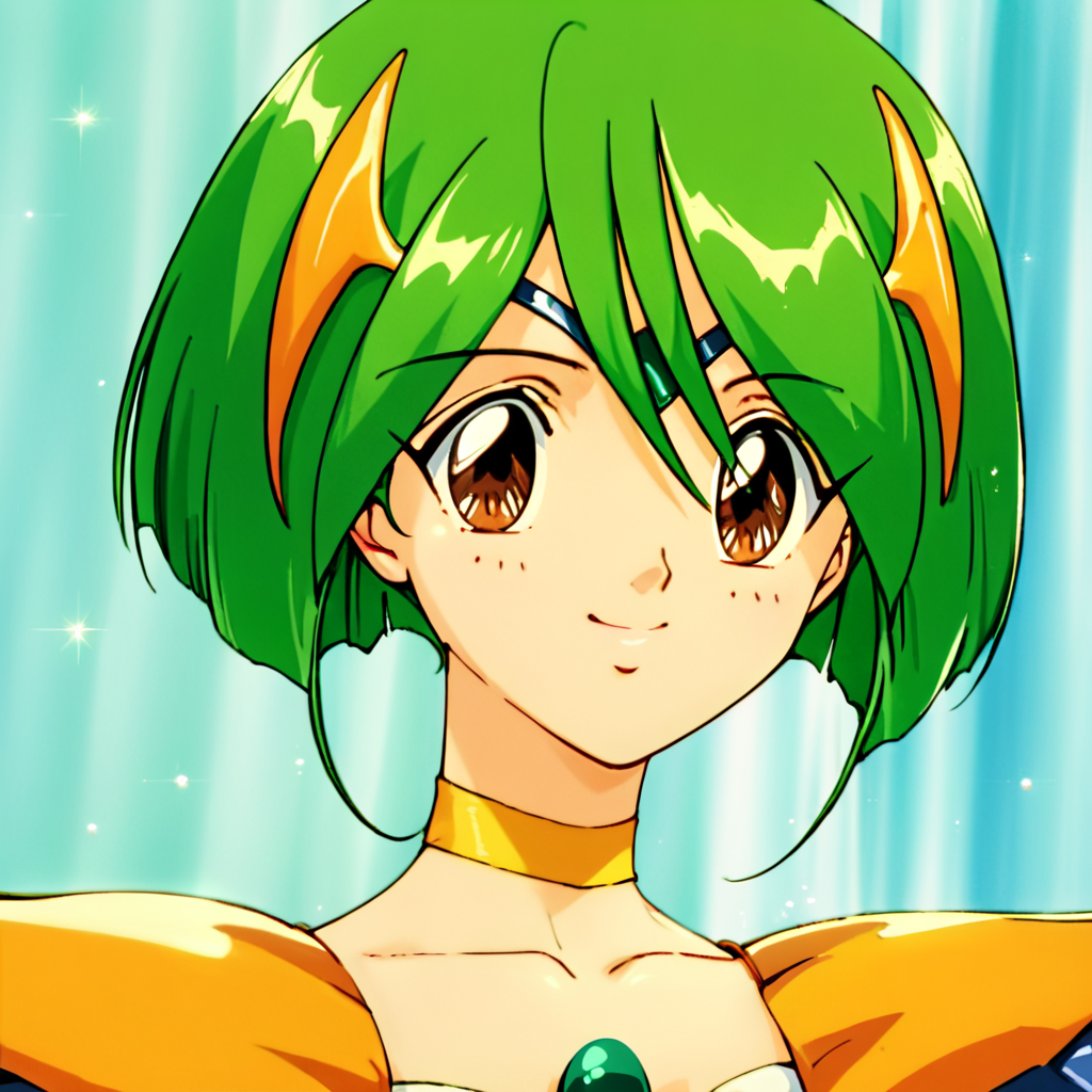 score_9, score_8_up, score_7_up, score_6_up, score_5_up, score_4_up, source_anime, , Engel_Daisy, short hair, brown eyes, green hair, armor, white skirt, , soft smile, portrait
