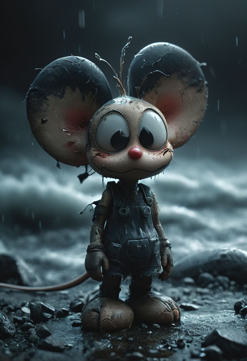 Closeup, 3d depth of field Simulation, a closeup of an old android mouse, large ears, fragile and broken, outworn smile, storm, depth of lenticular, dramatic, bold lines async, deep blacks, illuminated from behind, holy Aura, Long dense grown river