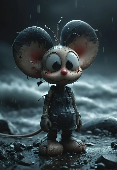 Closeup, 3d depth of field Simulation, a closeup of an old android mouse, large ears, fragile and broken, outworn smile, storm, depth of lenticular, dramatic, bold lines async, deep blacks, illuminated from behind, holy Aura, Long dense grown river
