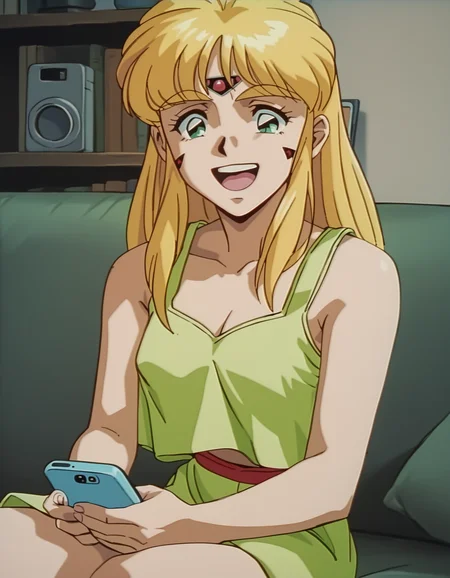score_9,  score_8_up, score_7_up, source_anime, <lora:karisu-ponyxl:0.9> karisu, facial mark, forehead jewel, tank top,
1girl, solo, couch, flip phone, laughing, living room