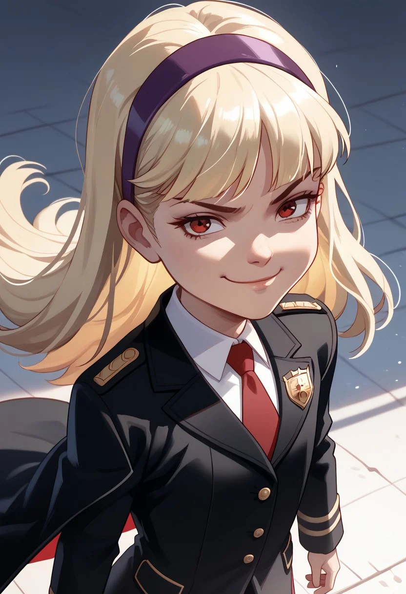 score_7, score_7_up, score_9, score_9_up, BREAK, DC_young_Justice_child ,1girl, blond hair, red eyes, purple hairband, white shirt, black coat, red tie,insignia, insignia on coat, smug smile, from above, arched back, cowboy shot, solo, , (portrai shot, upper body)