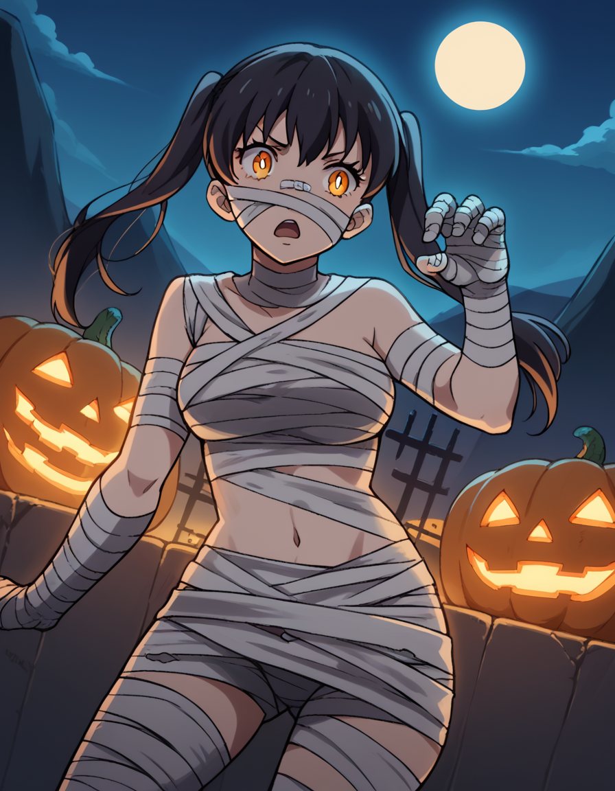 score_9, score_8_up, score_7_up, source_anime, <lora:tamaki-kotatsu-s1s2-ponyxl-lora-nochekaiser:1>, tamaki kotatsu, long hair, bangs, black hair, twintails, medium breasts, yellow eyes, orange eyes,, <lora:mummy-costume-ponyxl-lora-nochekaiser:1>, mummy costume, bandages, halloween costume, bandaged arm, zombie pose, bandage on face,, desert, moon, night, open mouth, , dutch angle, cowboy shot
