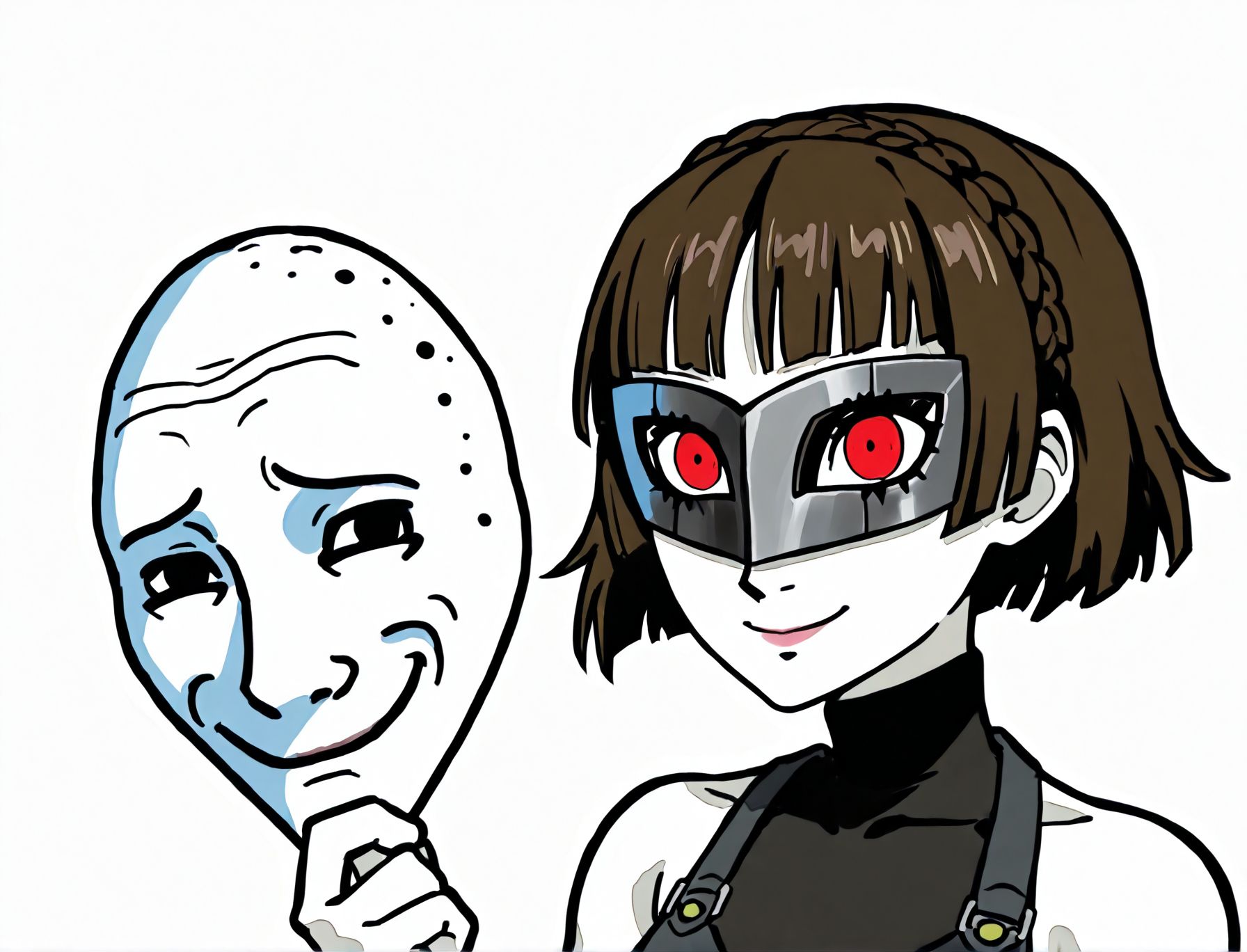 toon \(style\), 2d,
<lora:Wojak_style:1.1>Wojak style,
1girl,solo,holding mask,  
mask,holding,
wojak mask,  under wojack mask,holding mask,
Wojak style,  smile, 
niijima makoto, 
persona 5, 
white background, simple background, 
white skin,ugly man,